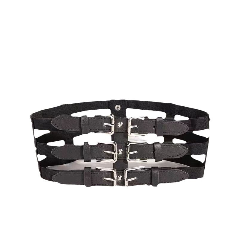Wide new elastic hollow waistband, fashionable versatile, with three rows of buttons and adjustable splicing