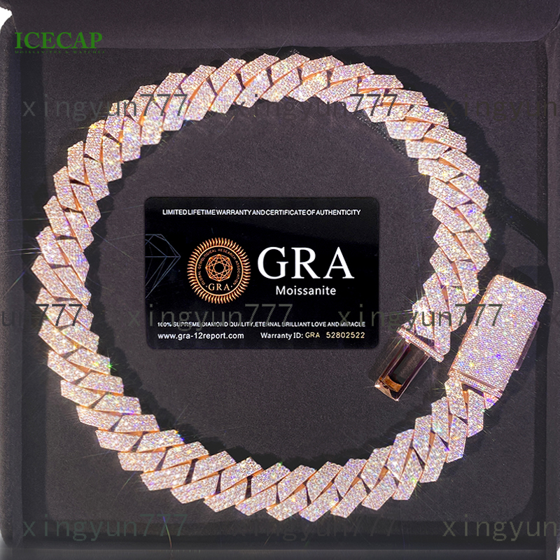 18mm Custom Rose Gold Cuban Link Chain Charms Miami Necklace Vvs Moissanite Diamonds 925 Silver Hiphop Jeweley for Men and Women