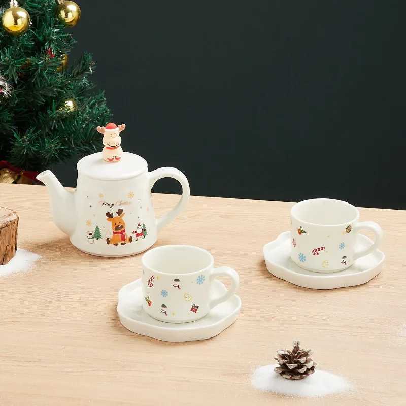 Christmas Christmas Ceramics Teaware Sets Coffee Cup Saucer Santa Claus Elk Snowman Tea Pot and Cup Set Drinkware Xmas Gift 1 Pot 2 Cups Y251112