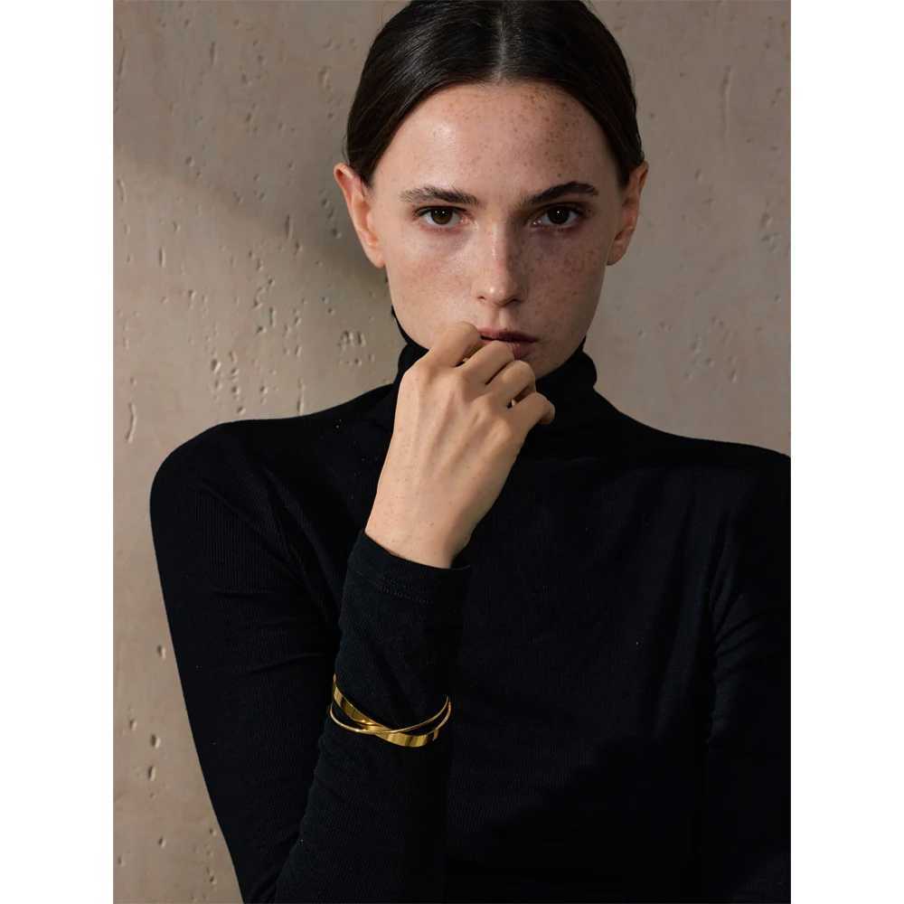 Yhpup Gold Silver Color Stainless Steel Smooth Metal Geometric Cuff Open Bracelet Bangle Waterproof Trendy High Quality JewelryC250411