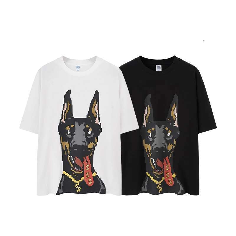 Glow-In-The-Dark Doberman Print T-Shirt American Streetwear Loose Fit 100% Cotton Short Sleeve For Men