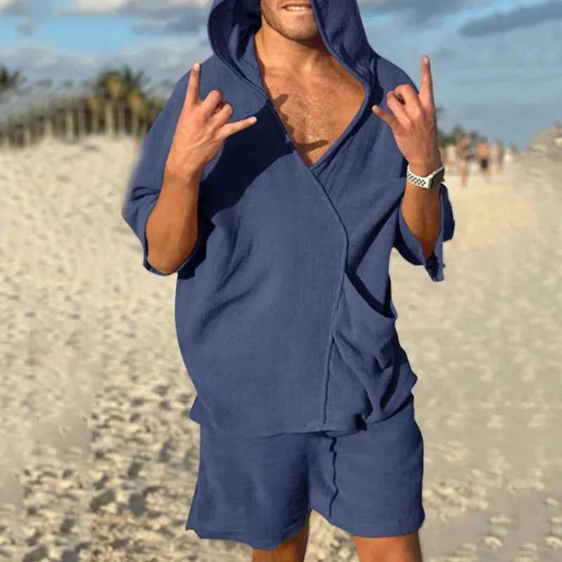 2025 European and American Mens Summer Hot V-neck Casual Short sleeved Hoodie Solid Color Beach SetXJ250412