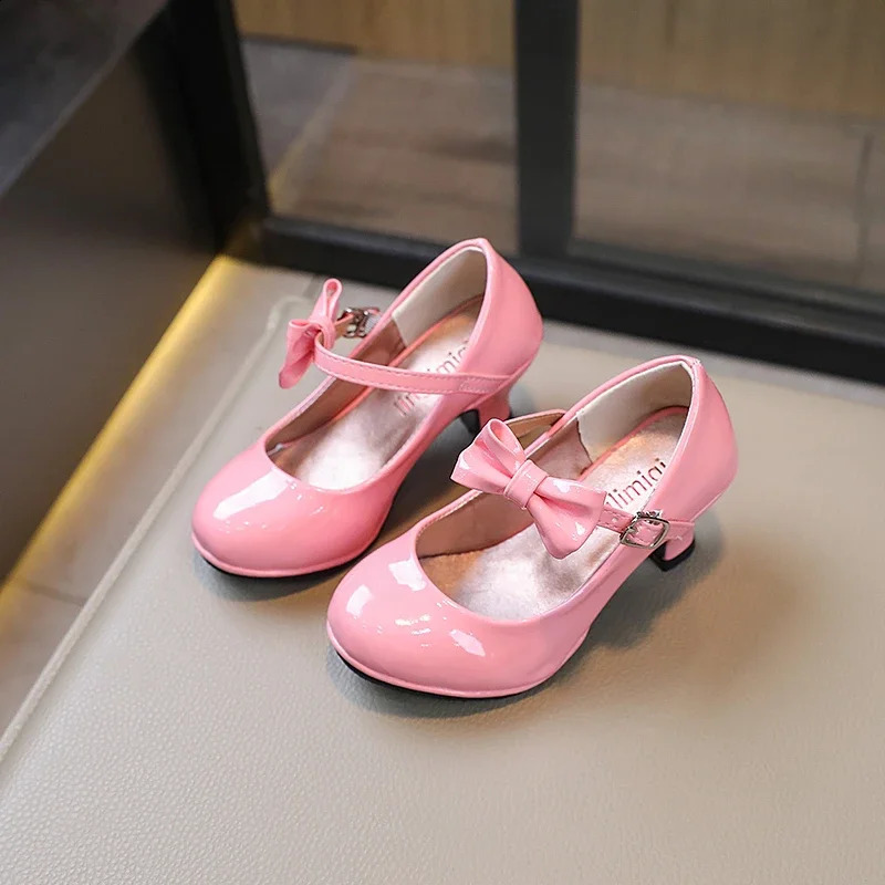 Girl Bow Patent Leather High Heels Princess Shoes Black Lolita Shoes Childrens Party Dress Shoes Autumn Spring 6-14Y Princess Shoes 250411
