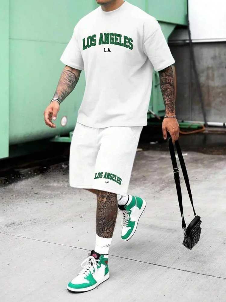 2-piece set of Los Angeles letter printed mens short sleeves and short sleeves set daily casual mens T-shirt street fashion sports short sleevesXJ2504