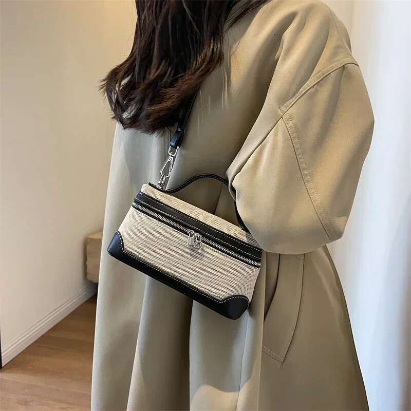 High quality canvas women's box shoulder on sale 2025 new zipper patchwork sewing thread makeup fashion crossbody bag