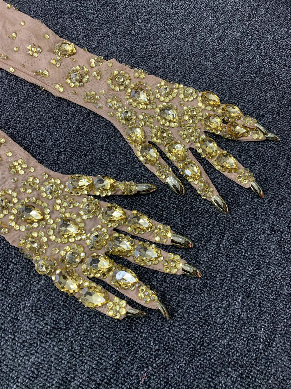 Sexy Gold Rhinestones Mesh Long Gloves Women Dancer Singer Nightclub Stage Party Show Accessories Sparkly Decoration 250408