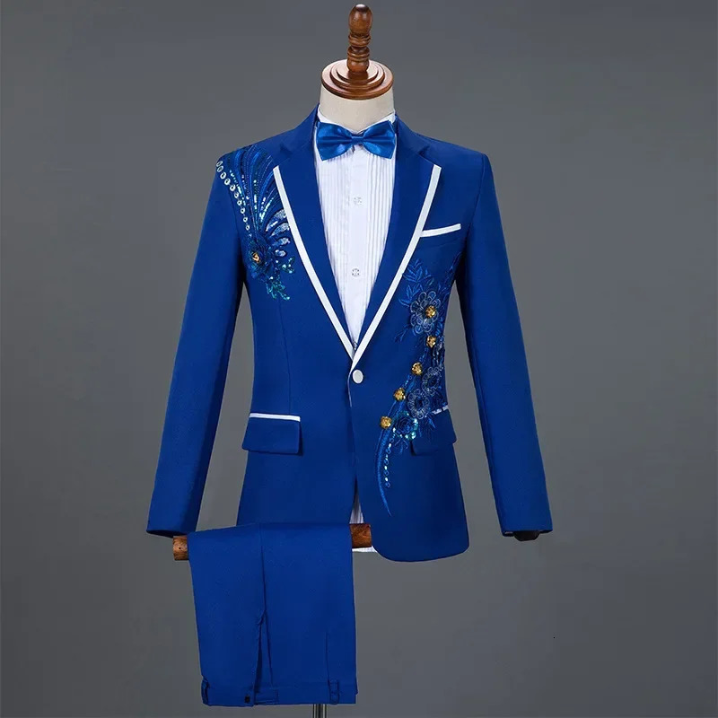 Men Wedding Suit 2 Piece Blue / Red Fashion Singer Host Dance Party Decal Dress Set Slim Male Blazer and Pant 251105