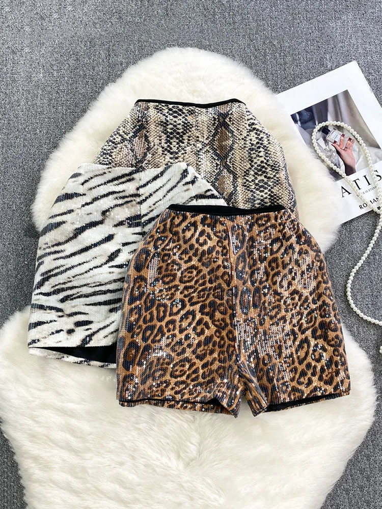 PREPOMP Fashion Sexy Womens Sequins Leopard Short Autumn Collection High Waist Wide Leg Short Pant Female Trendy GM787 250409