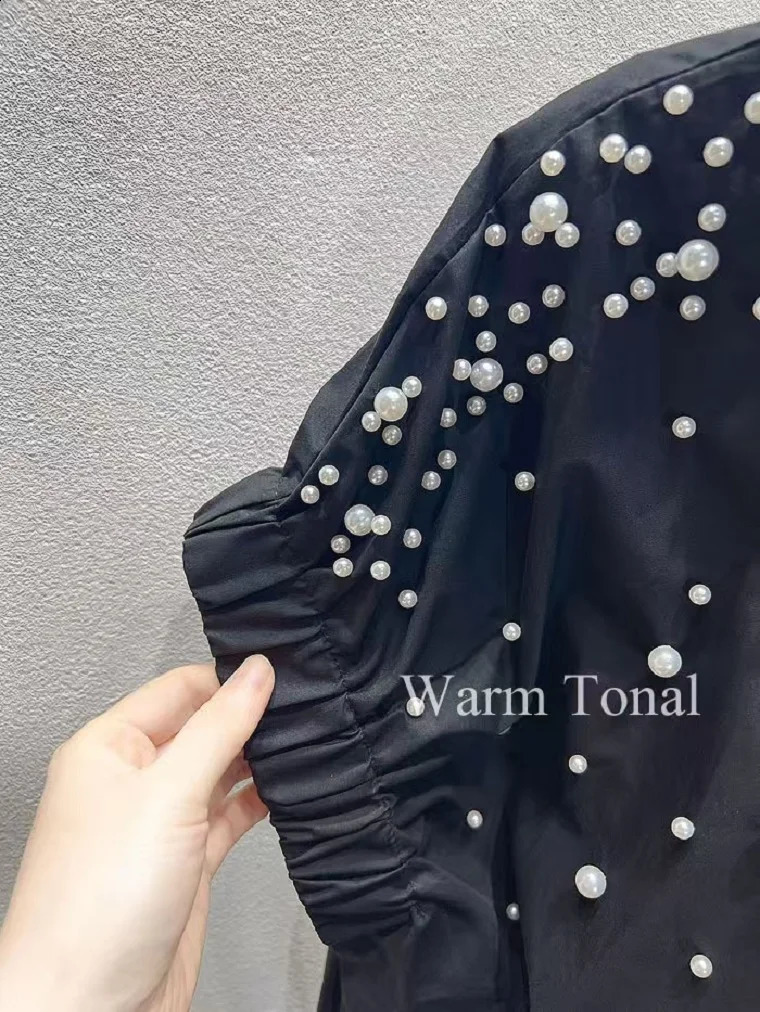High-end Pears Beads Stitch Loose Casual Black Cotton Shirts Blouses For Women 2025 Summer Short Sleeve Mid-length Tops Clothes 250411