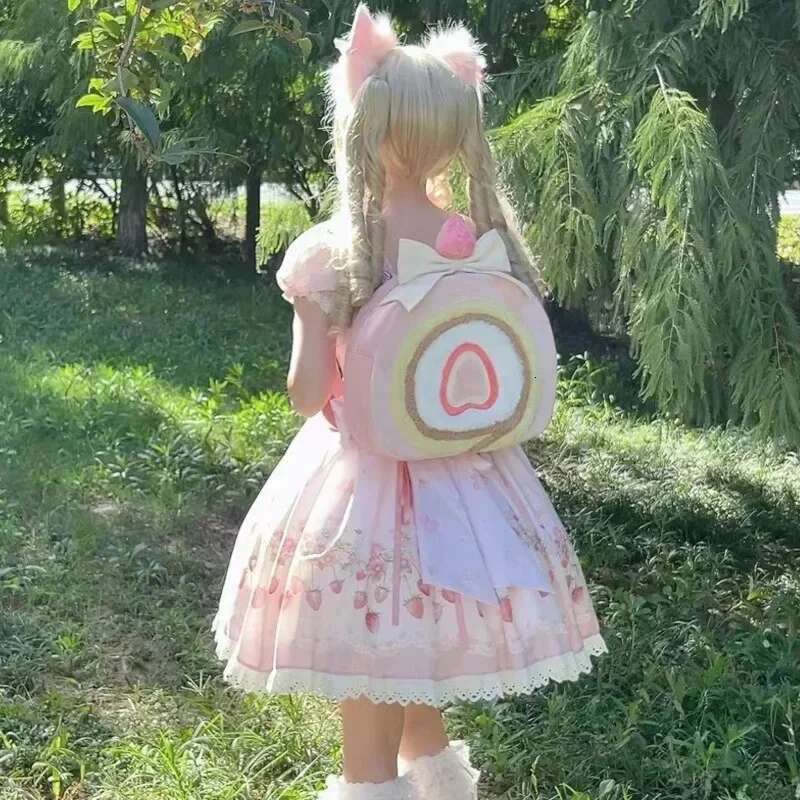 New Cute Lolita Cake Roll Bags Women Sweet Kawaii Pink Bag For Girl Christmas Gift Strawberry Travel Backpack
