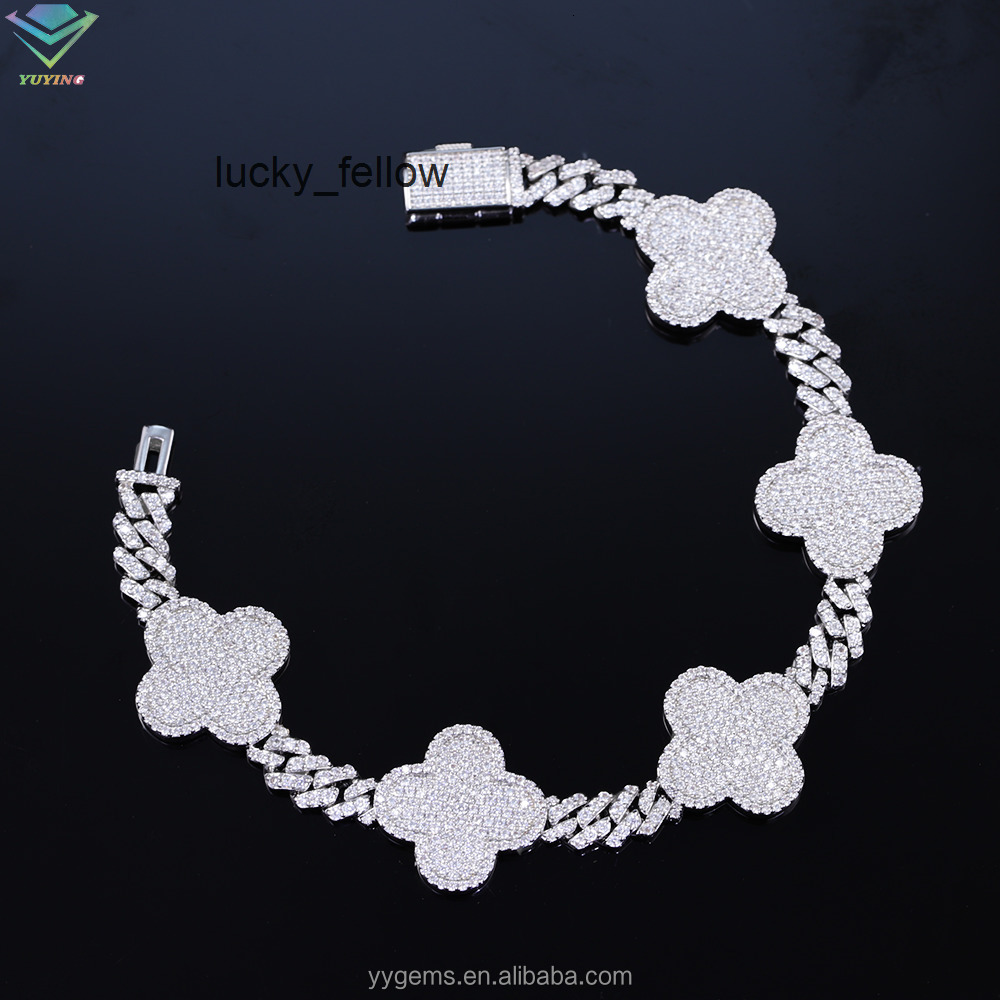 Yu Ying GRA Hip Hop Jewelry 925 Sterling Silver Gold Plated Iced Out Moissanite Diamond Clover Bracelet for Hip Hop Jewelry