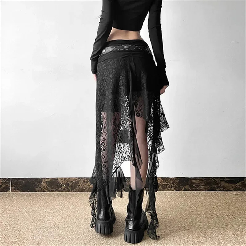 Y2K Goth Dark Irregular Hem Lace Patchwork Mid Skirts Women Streetwear Fairy Slim Pleat A-line Skirt Mall Goth Fashion Bottoms 250411