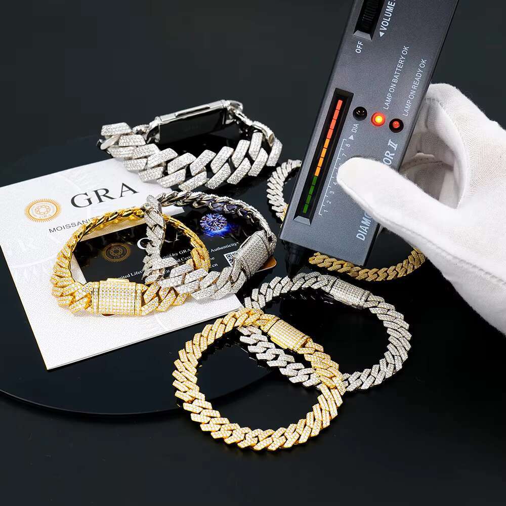 Wholesale Custom 8 10 12 14 18 20 mm 925 Sterling Silver Hiphop Jewelry Iced Out Diamond Moissanite Mossanite Cuban Bracelet