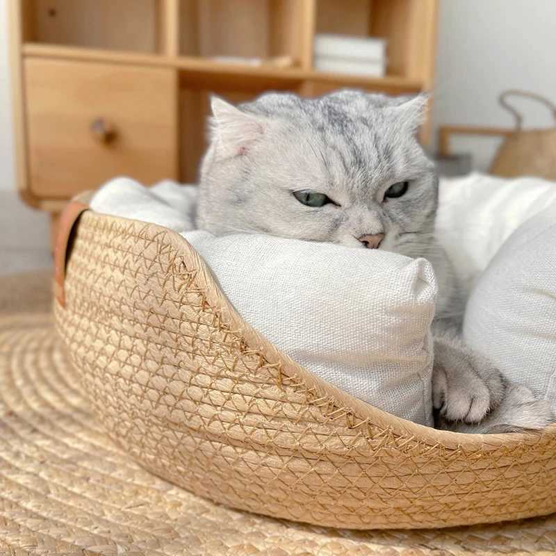 Yokee Pet Cat Mat Dog Bed Sofa Handmade Bamboo Weaving Four Seasons Comfortable Nest Basket Waterproof Detachable Mat Sleephouse X250412