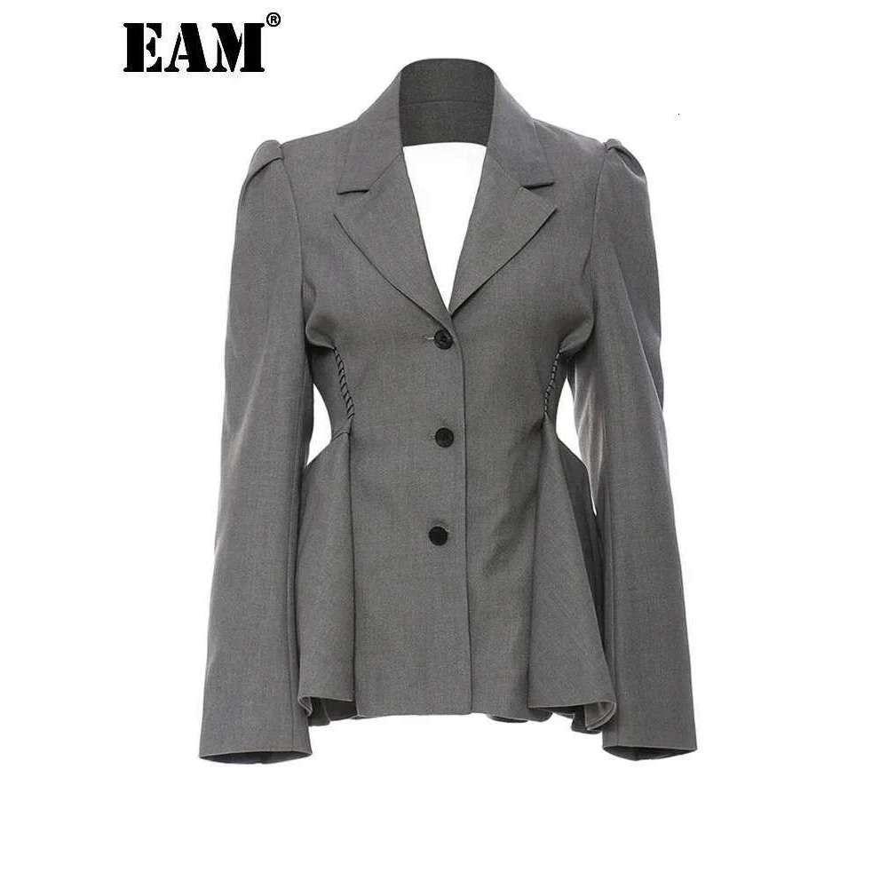 EAM Women Gray Backless Mesh Ruffles Elegant Blazer New Lapel Long Sleeve Loose Fit Jacket Fashion Spring Autumn 2025 1De9895