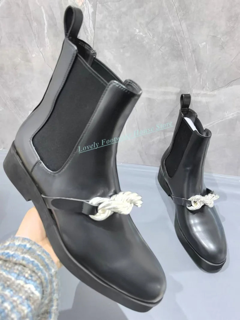 Style Metal Chain Decoration Man Black Genuine Leather Ankle Boots Spliced Knit Elastic Low Heel Male Slip On Boots Shoes 250411