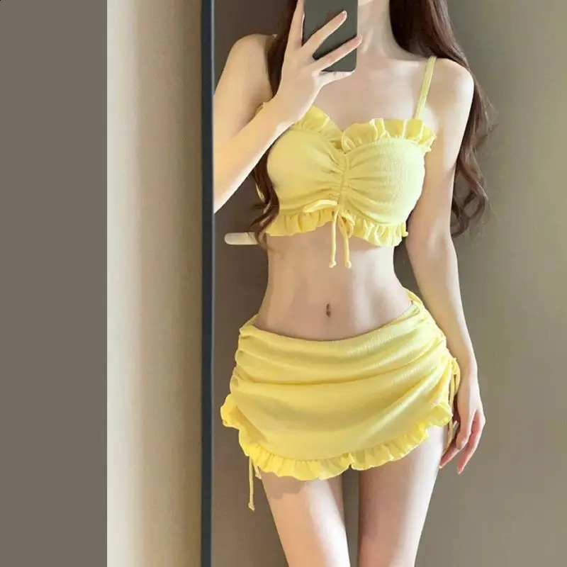 Women Sexy Spaghetti Ruffle Drawstring Swimsuit 3 Piece Bikini Set Solid Vacation Beach Bathing Suit Fairy Sweet Swimwear Skirt 250411