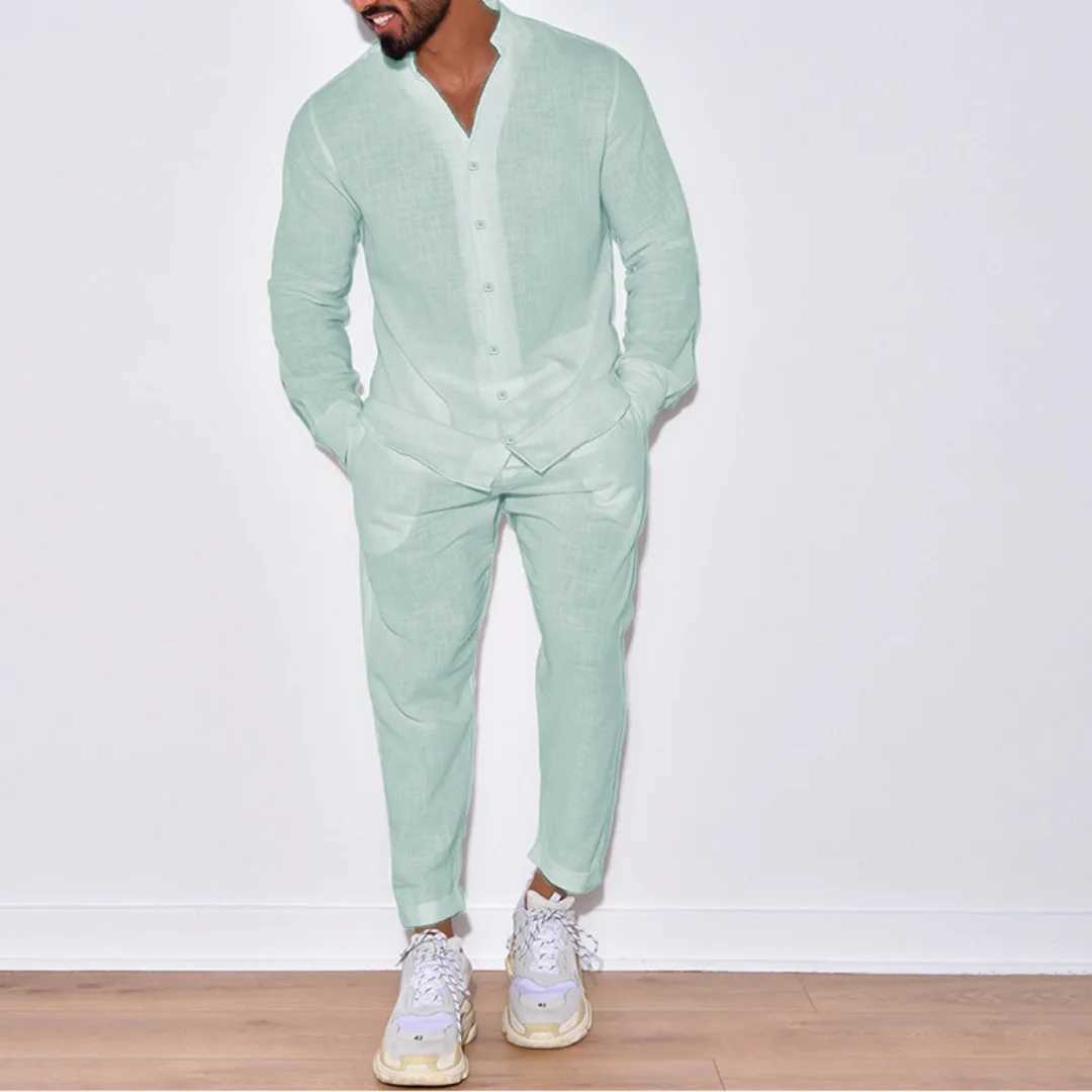Autumn mens new fashion casual linen long sleeved full set single chest solid color button setXJ250412