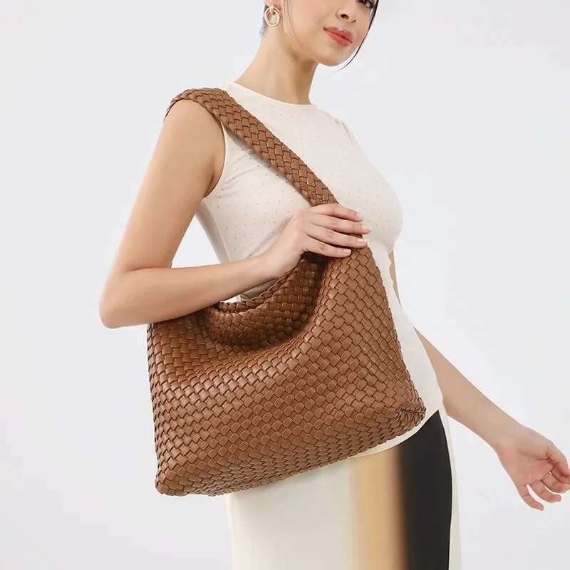Woven Women PU Leather Large Capacity Tote Bags Casual Fashion Textured Soft Shoulder Bag Bz618