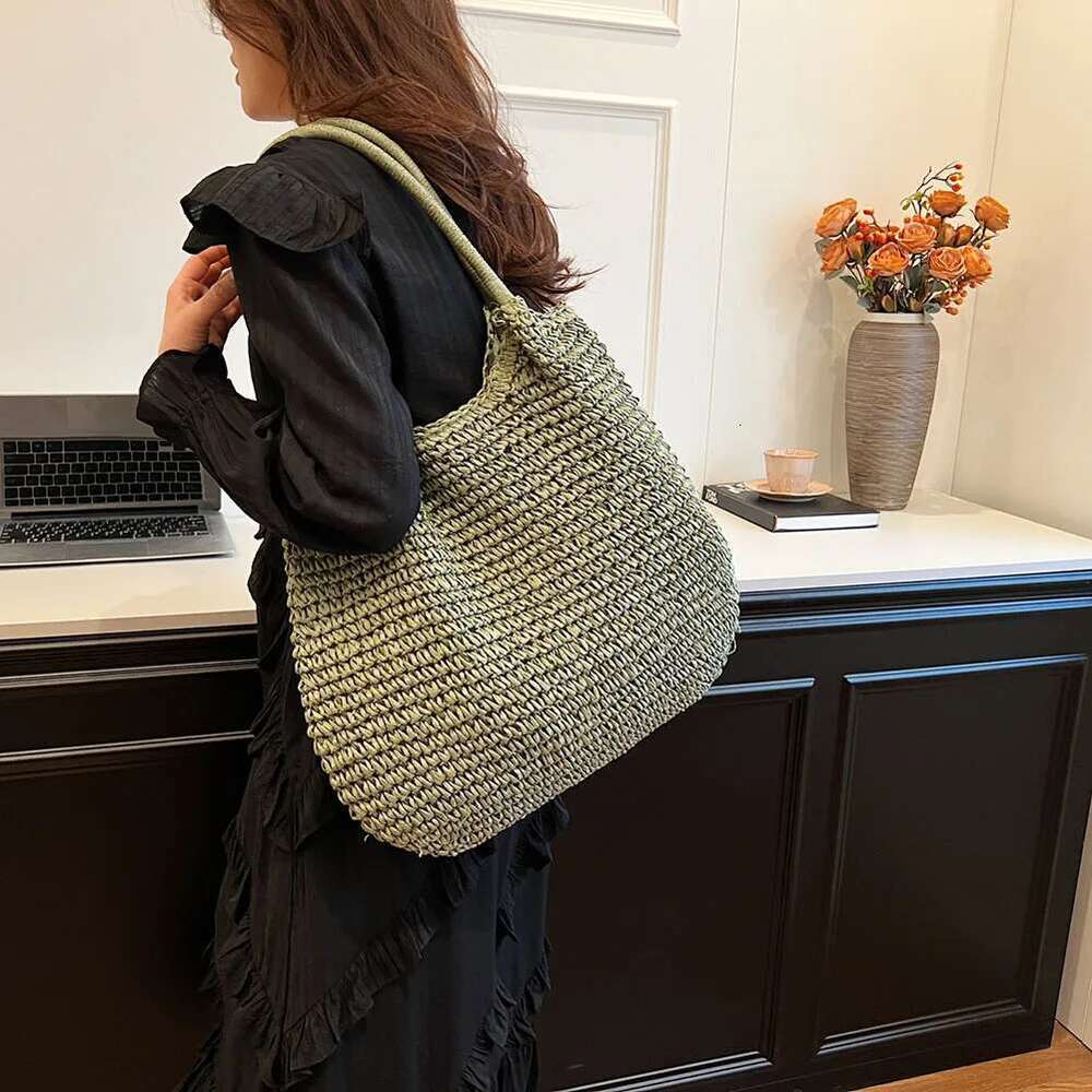 Women Straw Tote Large Capacity Vintage Shoulder Solid Color Crochet Beach Handbag Ladies Summer Daily Bag