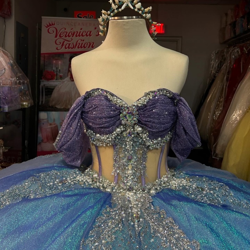 Blue Shiny Princess Quinceanera Dresses Off Shoulder Beading Crystal Applique Lace Tull Sweet 16 Dress Ball Gown Vestidos 15 Anos