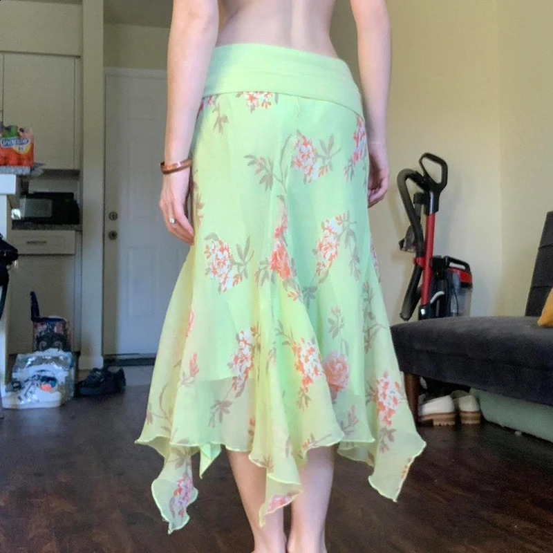 Darlingaga Holiday Style Floral Printing Asymmetric Hem Dresses Women Summer Colorful Fold Low Waist Mesh Sundress Bottoms 250407
