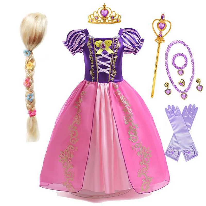 Disney Long haired princess dress girl with purple puff sleeves role-playing tangling costume Halloween Vestido childrens birthday ball costumeXJ25041