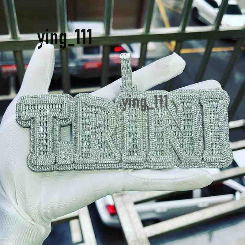 Men Women New Fashion Big Size Yellow White Gold Plated Full Bling moissanite Stone DIY Custom Name Letter Pendant Necklace with 3mm 24inch Rope Chain