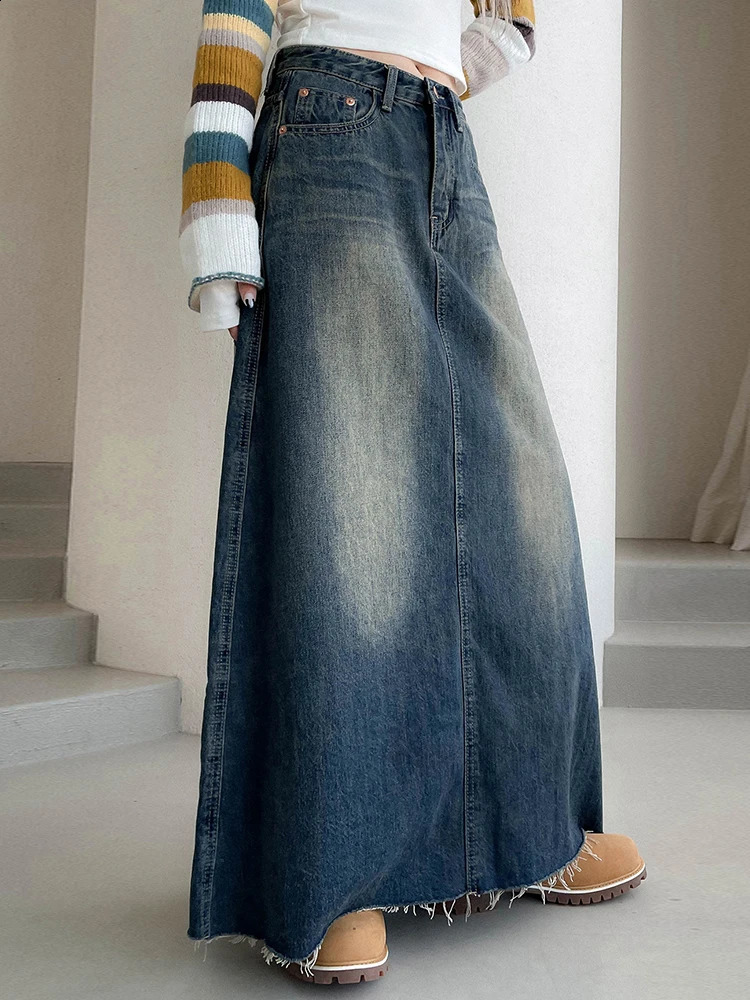 Rockmore Vintage Jean Skirt Fashion WomenS Denim Long Skirts Women Y2K Aesthetic Fairycore Midi Skirt Harajuku Casual Korean 250407