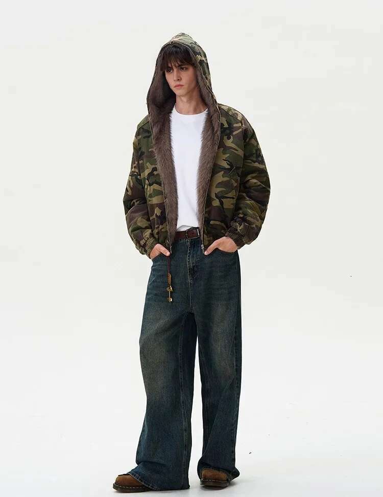 American Retro Old Camouflage Parkas Loose Thickened Warm Fur Collar Hooded Jacket