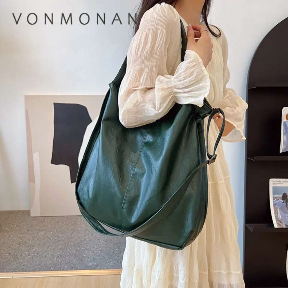VONMONAN Fashion Big Soft Leather Tote for Women Trendy Female Simple Large High Capacity Retro Shoulder Side Bag Handbags