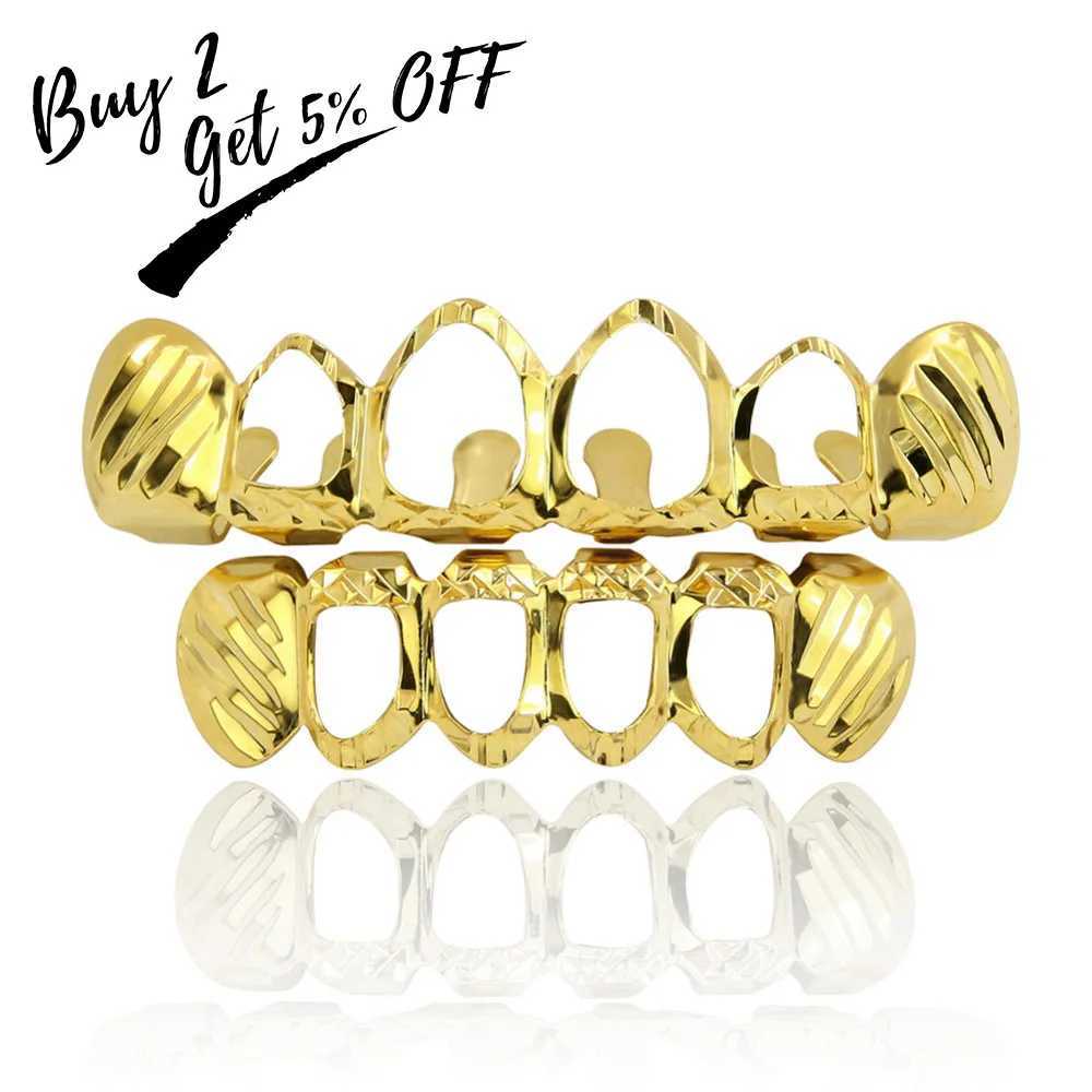 TOPGRILLZ D-Cut Grilz Set Pure Gold Plated Upper and Lower Teeth 4-Open Hip Hop Grill Hollow Teeth Grill Set W250412