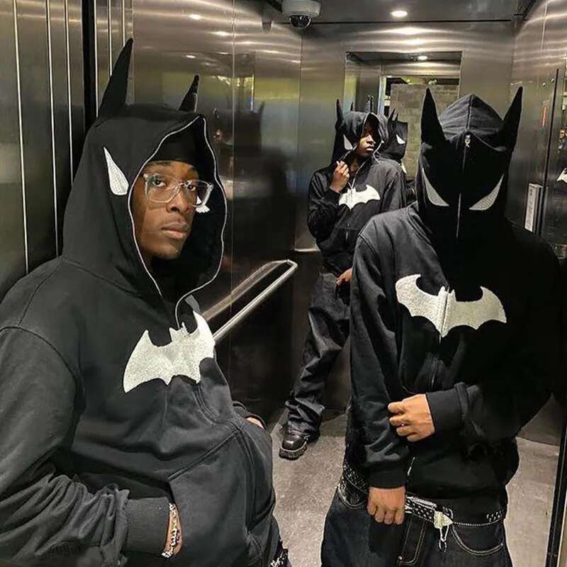 Y2k Zip Up Cking Hip Hop Streetwear Goth Men Sweatshirt Couple Street Haruku Bat Animation Fashion Trend Hoodie Top