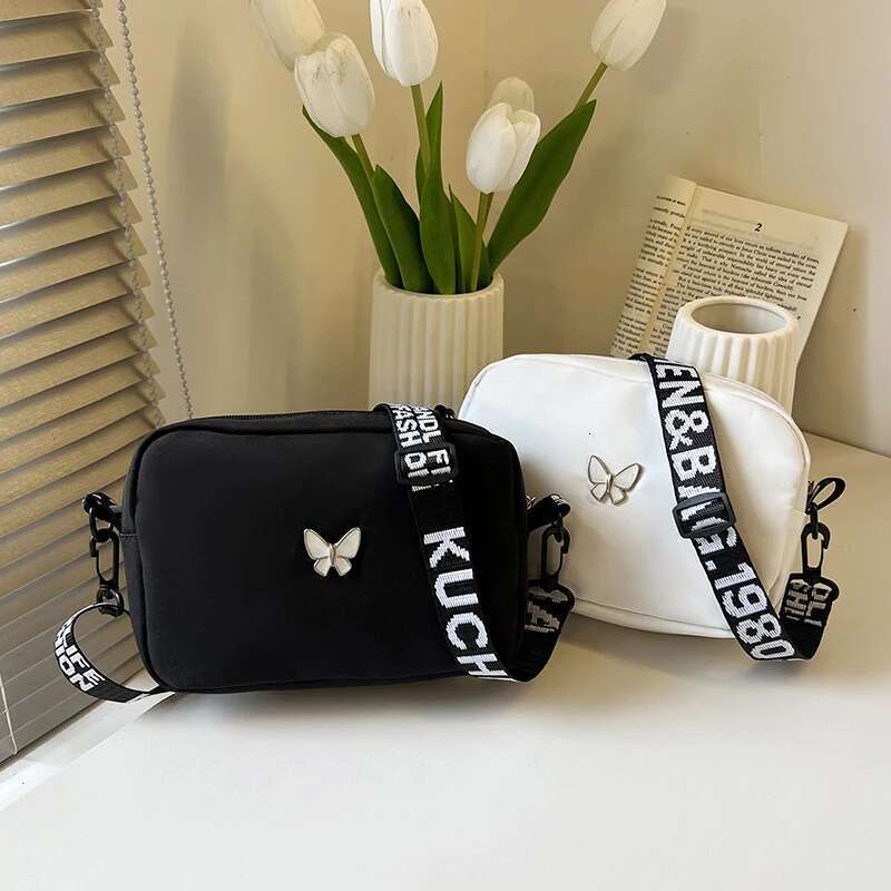 Black&white Shoulder Durable Butterly Nylon Wide Belt Crossbody Casual Small Sqaure Bag For Women
