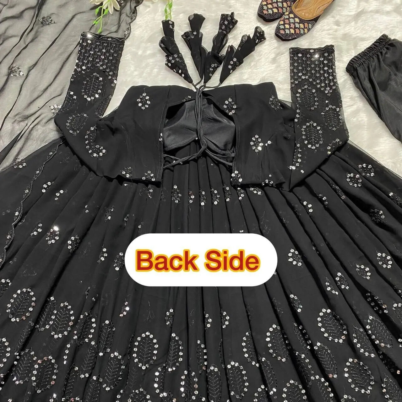 Black Salwar Kameez heart-shaped collar elegant long sleeved sequin decoration traditional Indian clothing three piece set 250411