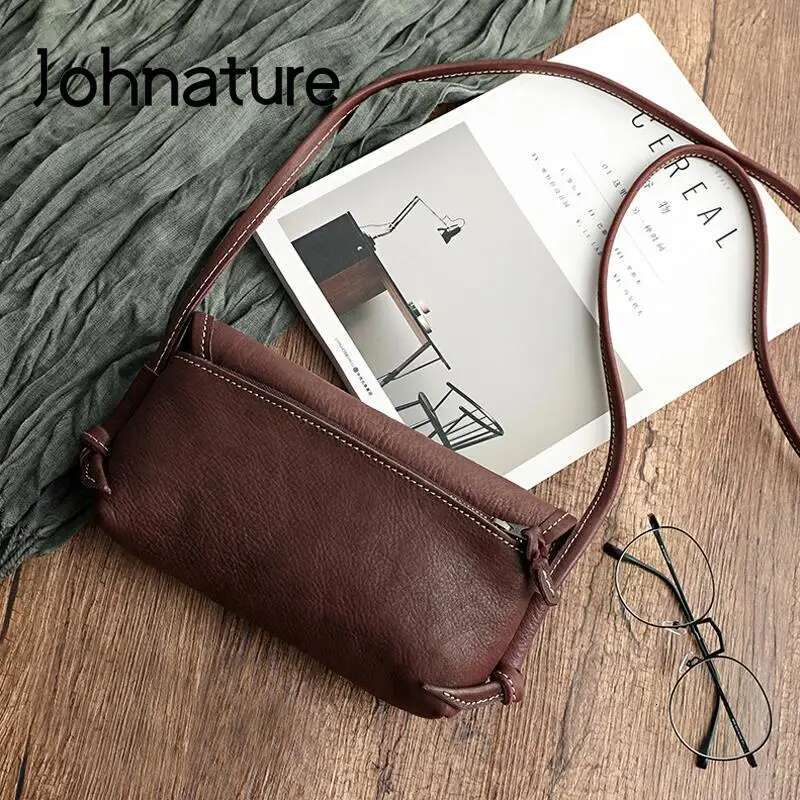 Johnature Handmade Retro Soft Cow Leather Women 2025 New Simple Solid Color Shoulder Bags Leisure Ladies Small Messenger Bag