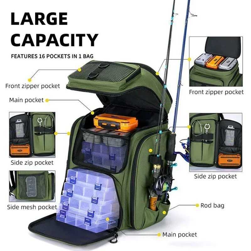 Fishing Backpack Multifunctional Fishing Tackle Backpack Outdoor Storage Tackle Bag with Protective Rain Cover for Fishing Gear Z250411
