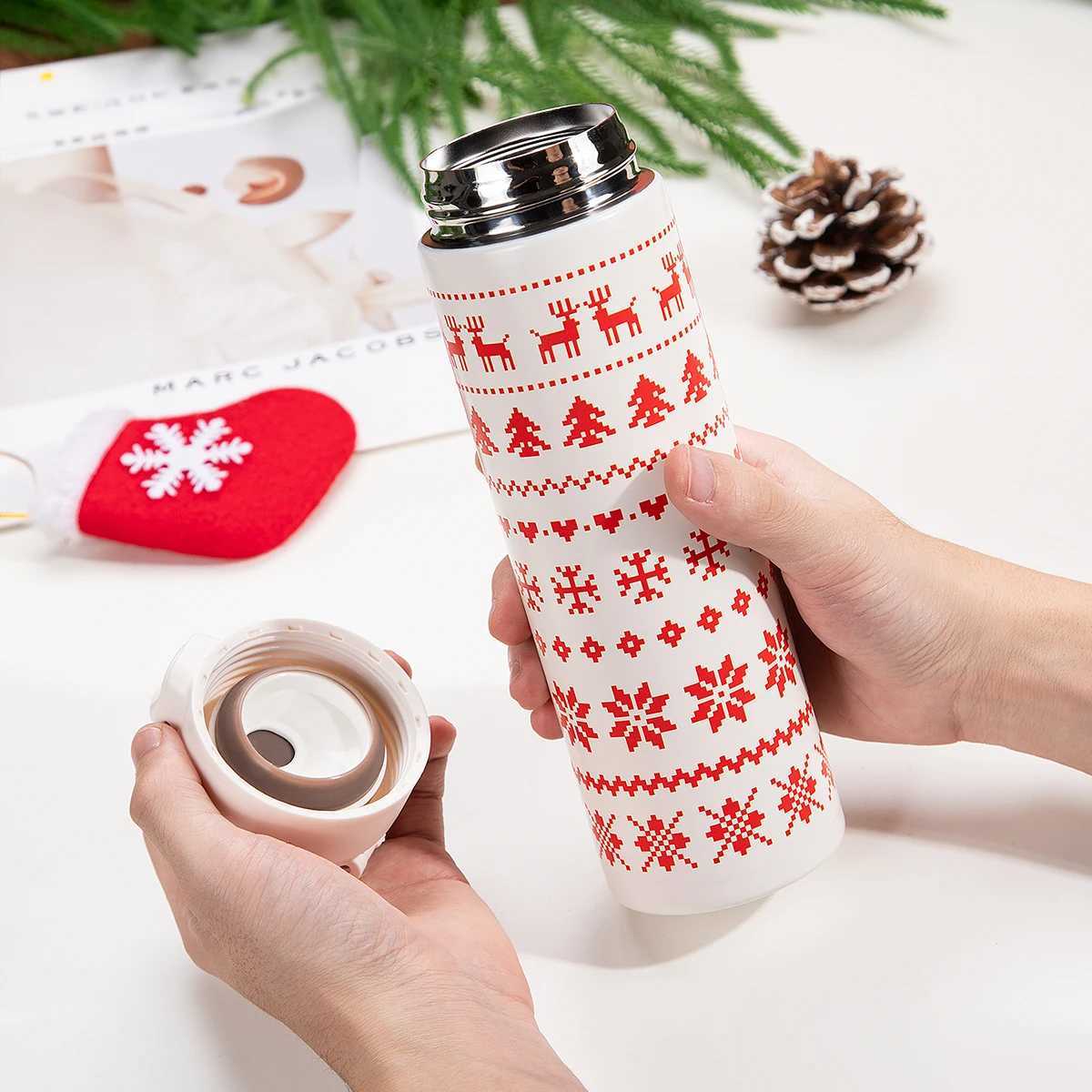 Christmas 450ml Stainless Steel Thermos Cup Household Bouncing Cover Vacuum Christmas Water Bottle Minimalist Men And Women Portable Cups Y251112