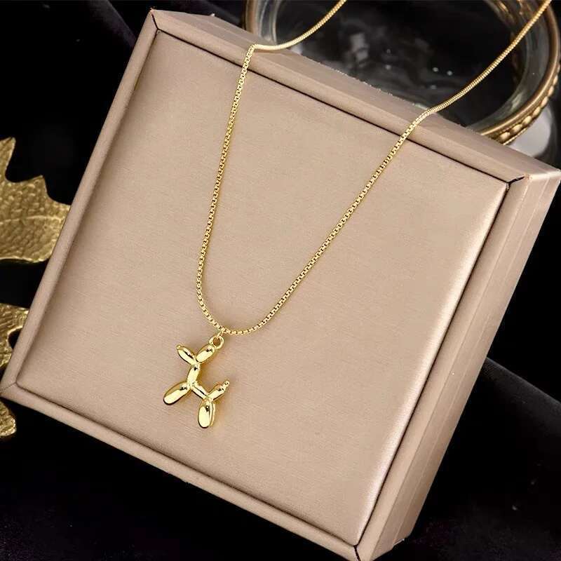 DIEYURO 316L Stainless Steel Cute Style Balloon Dog Golden Pendant Necklace Sweet Funny Clavicle Chain Unique Girl Birthday Gift