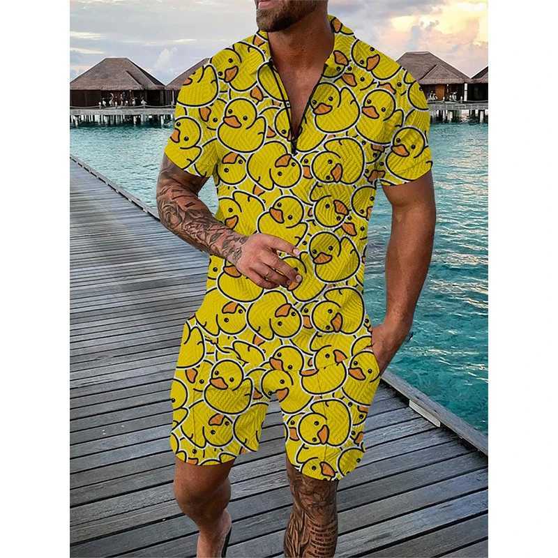 Summer mens track and field suit duck panda 3D printed short sleeved zipper polo shirt short sleeved set 2-piece mens oversized streetwear setXJ250412