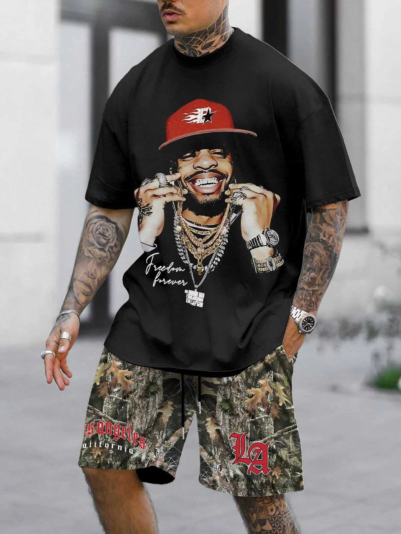 2 pieces of summer mens hip-hop 3D graphic printed round neck short sleeved casual top and shorts set Y2K streetwear fitness joggingXJ250412