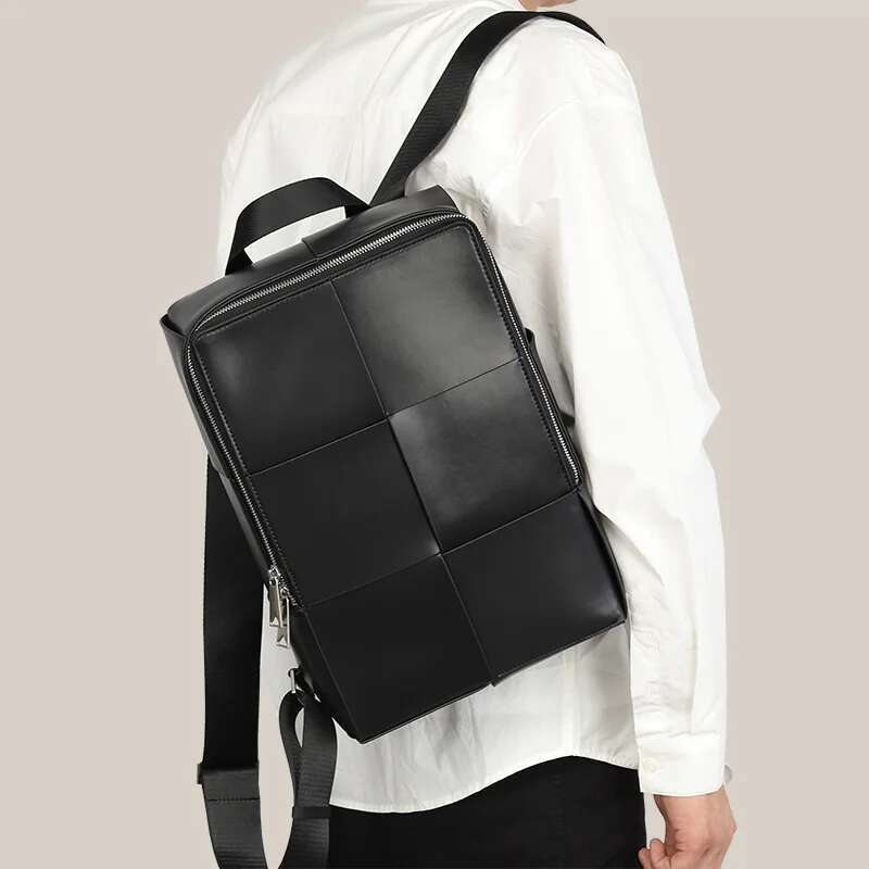 New Fashion Brand Genuine Men Woven Backpacks Real Natural Leather Student Backpack Boy Weave Computer Laptop Bag