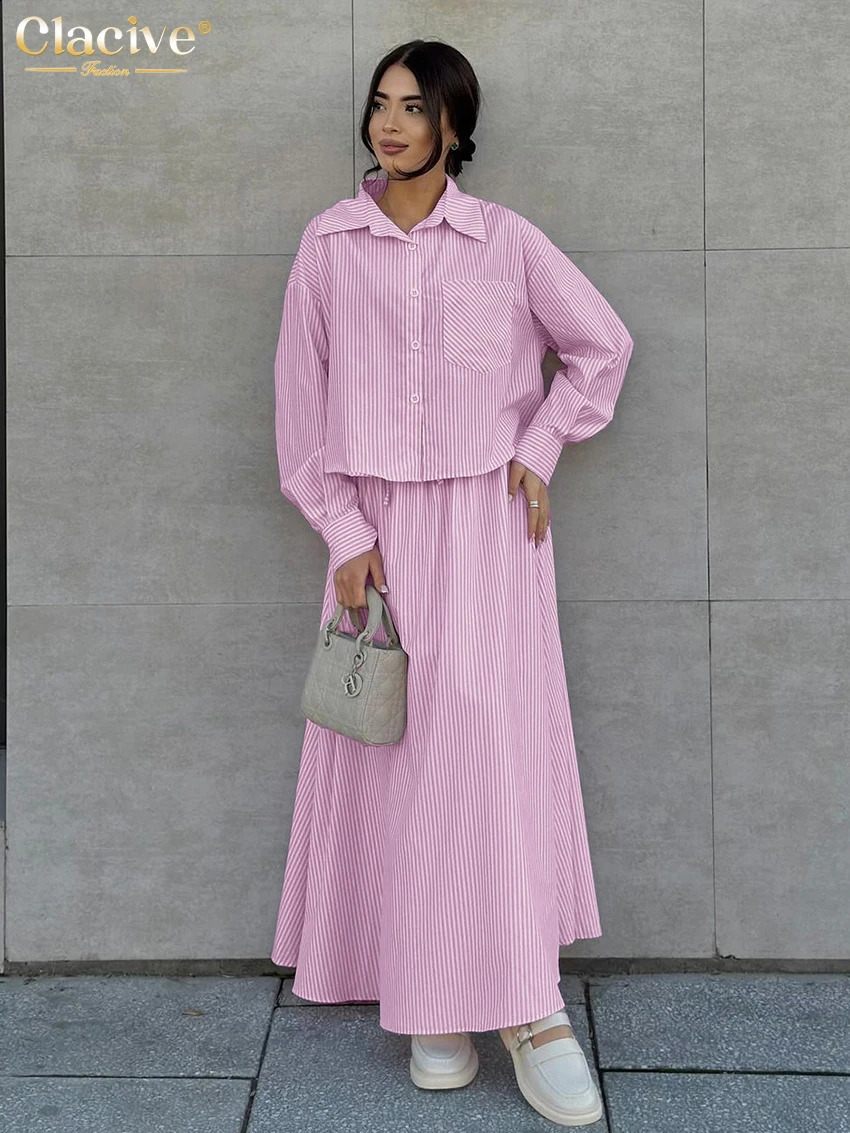 Clacive Fashion Pink Stripe 2 Piece Set Women Outfit Elegant Long Sleeve Shirt With High Waist Long Skirts Set Female Streetwear 250411