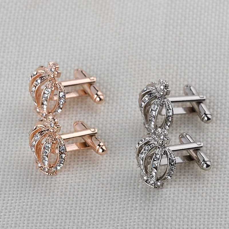 1 pair of crown shirts gold king queen wedding groom evening gown jewelry fashion classic French crystal mens cufflinks party giftT250412