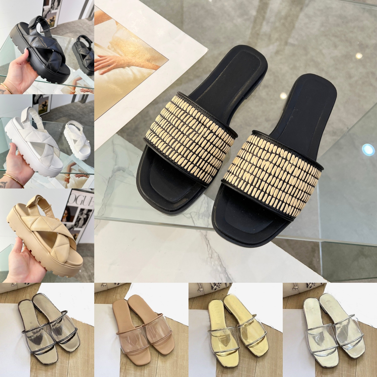 2025 Designer Slippers Women Fashion Sandals Slip On Black White Brown Pink Casual Flat Slides Lady Summer Moccasins Beach Wedges Straw Platform Flip Flops Scuffs