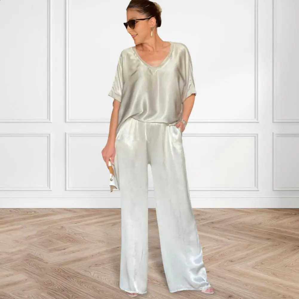 Lady Summer Outfit Stylish Womens Summer Set V Neck Top Wide Leg Trousers Sport Outfit with High Elastic Waist 2 Pcs/set 250411