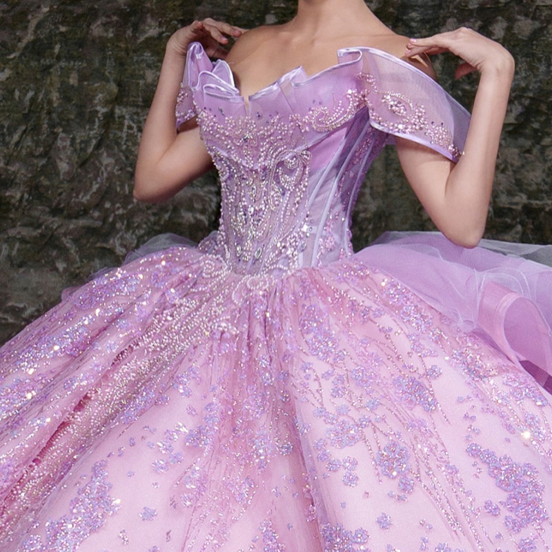 Pink Shiny Princess Quinceanera Dresses Off Shoulder Beads Sequin Applique Lace Tull Sweet 16 Dress Ball Gown Vestidos 15 Anos