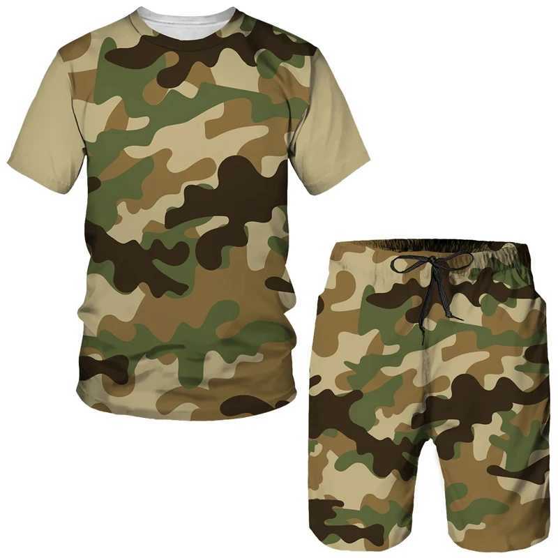 Summer mens shorts set mens street T-shirt two-piece 3D camouflage printed casual sportswear O-neck sportswearXJ250412