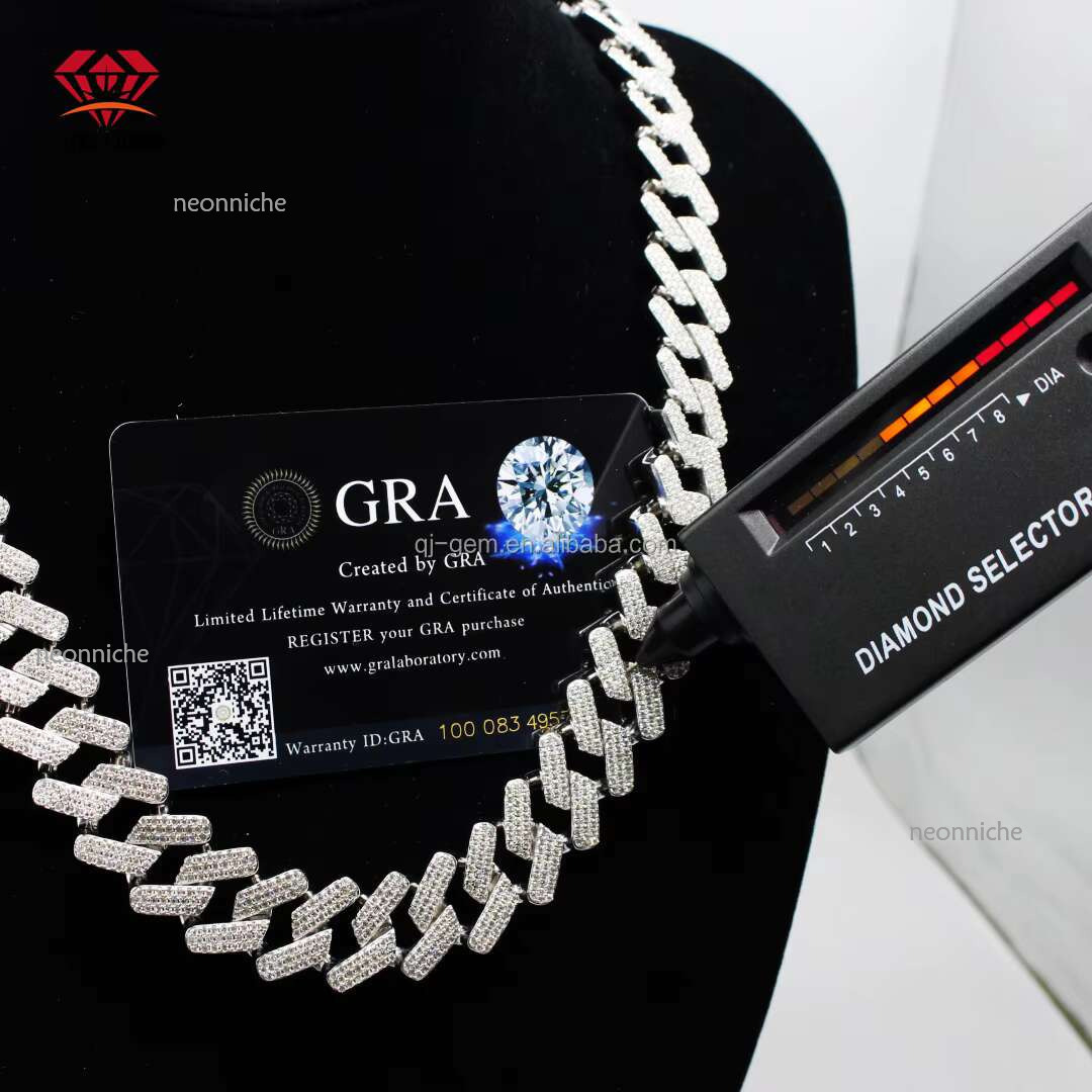 Qian Jian Gems Sier Custom 15mm Prong Moissanite Miami Cuban k Chain Passes Dia Test VVS Hip Hop Style Necklace