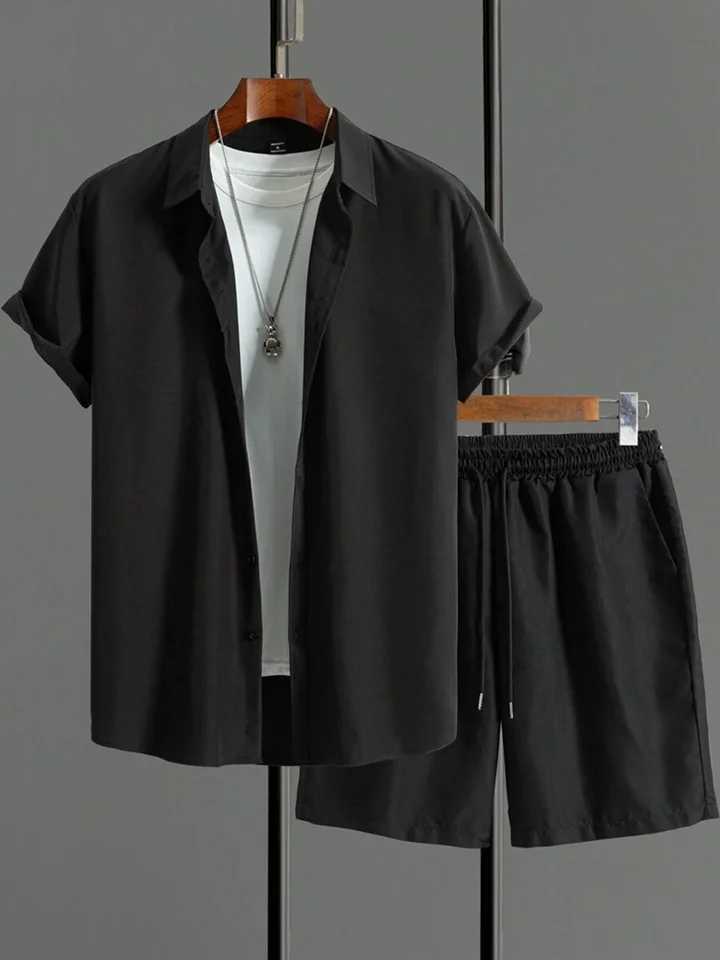 2024 New Solid Color Mens Short Sleeve and Sports Shorts Set Summer Mens Casual Shirt Simple Mens Beach PantsXJ250412